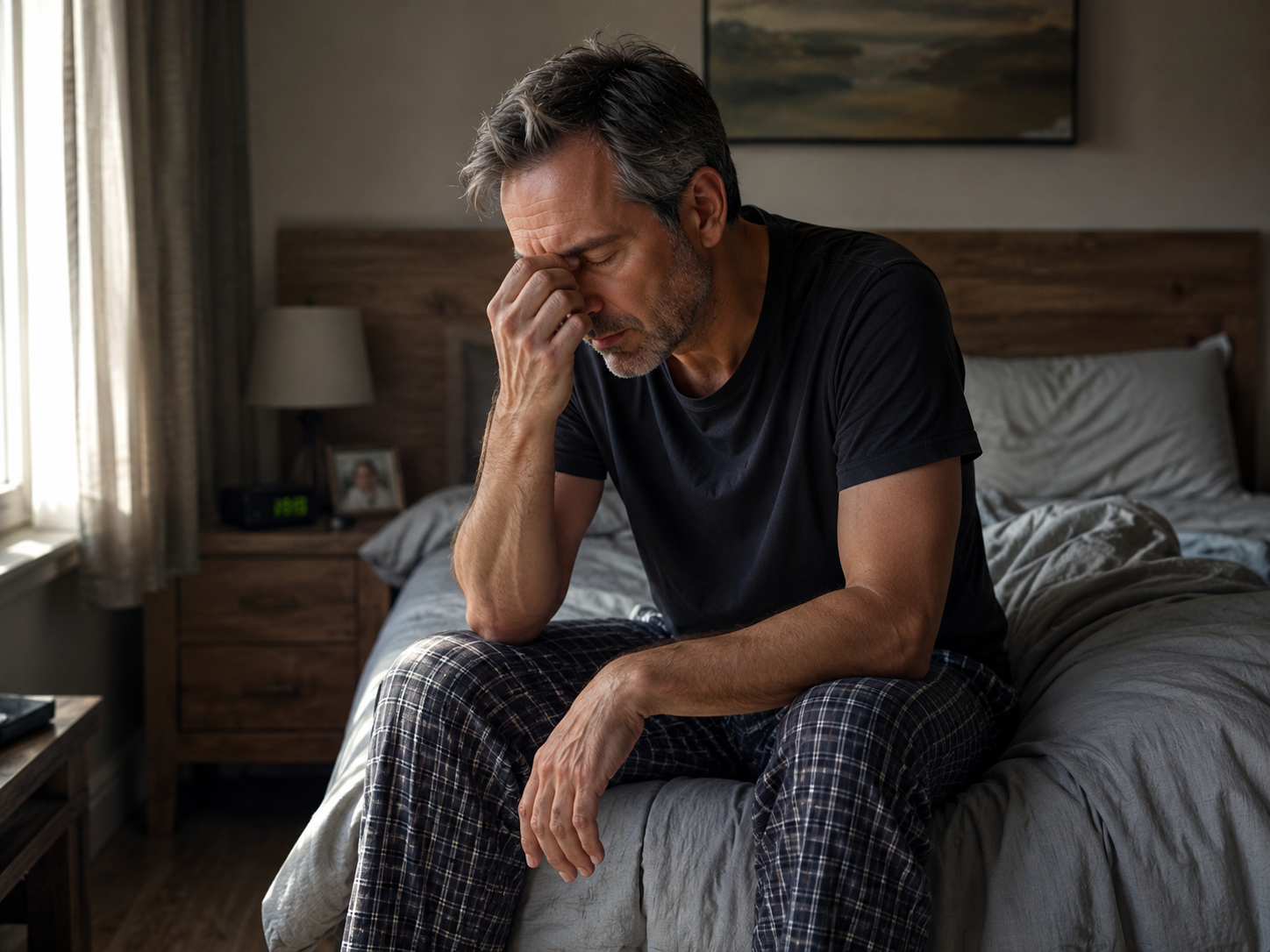 Man 40-55 awake at night, warm low light