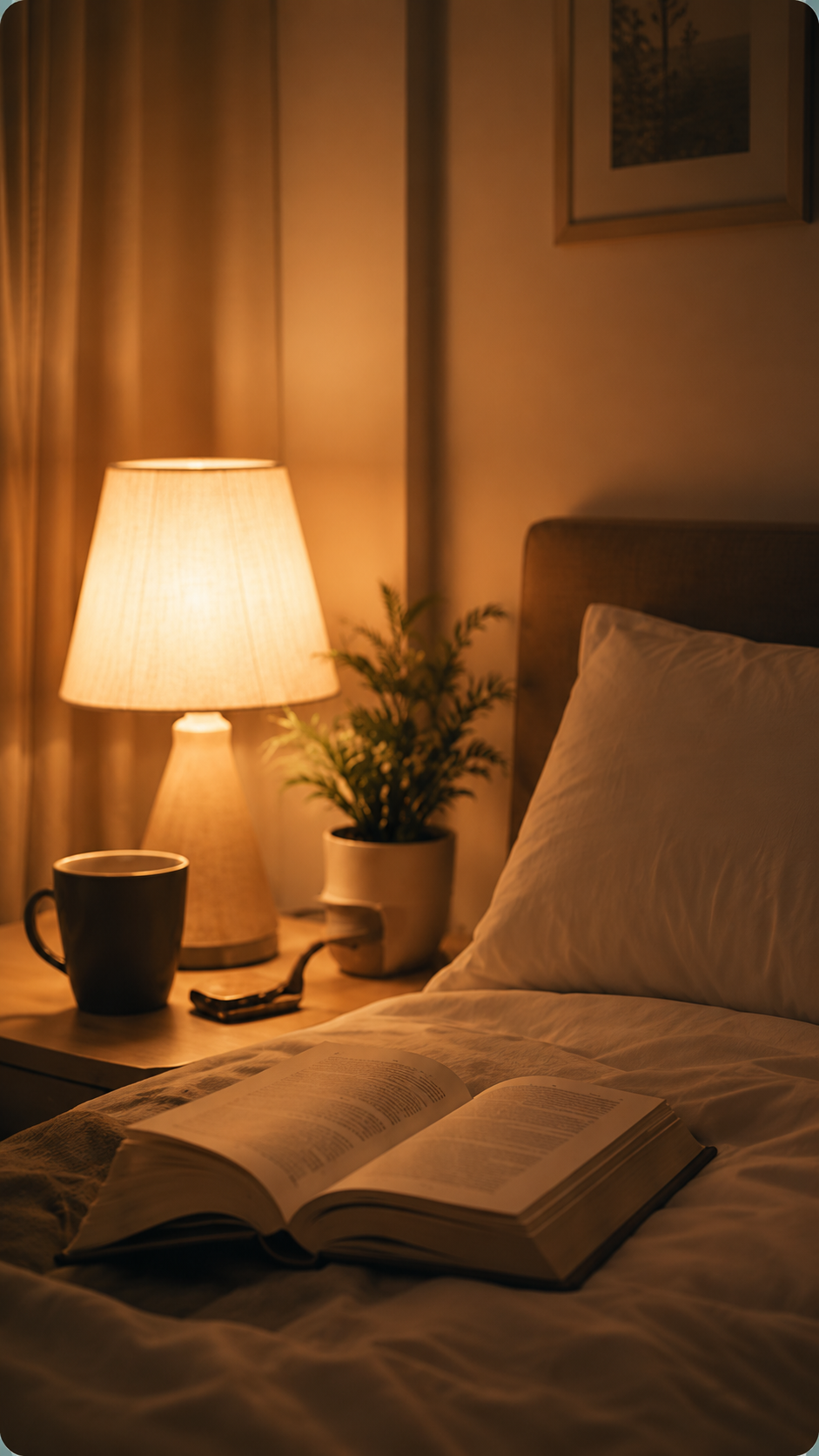 Calm evening routine, book and warm lighting